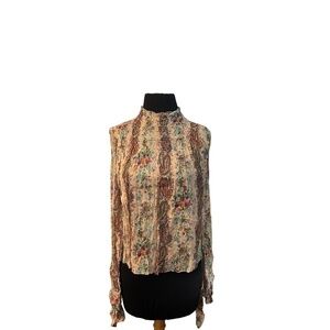 INTERMIX Beige Silk Mock Neck Long Sleeve Floral Striped Cuff Blouse‎ Size P